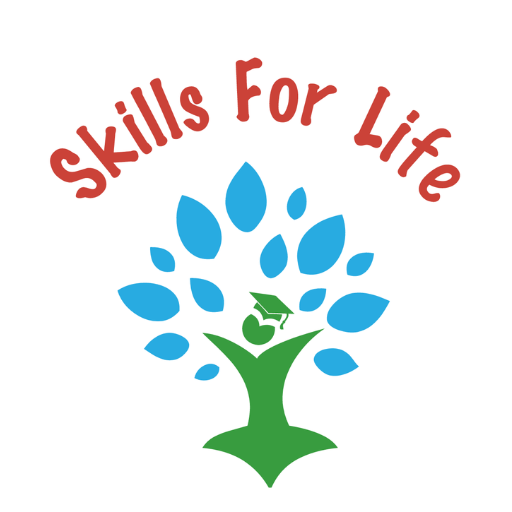 Skills for Life logo with red text over a green tree with blue leaves.